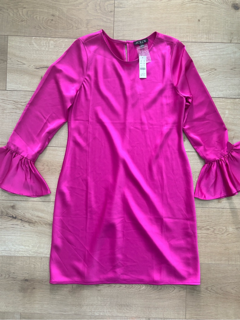J. Crew Hot Pink Bell-Sleeve Shift Dress NWT Satin Mini Dress